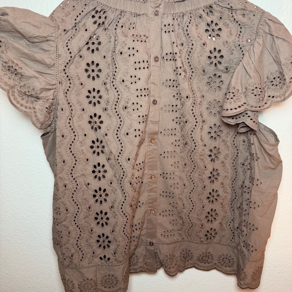 Ruffle Sleeve Brown Eyelet Lace Blouse Cottagecore Boho Romantic Top Cotton - Picture 11 of 12